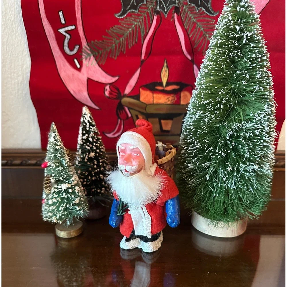 Vintage German Belsnickel(?) 5'' Santa Claus With Basket Large Rabbit Fur Beard‎